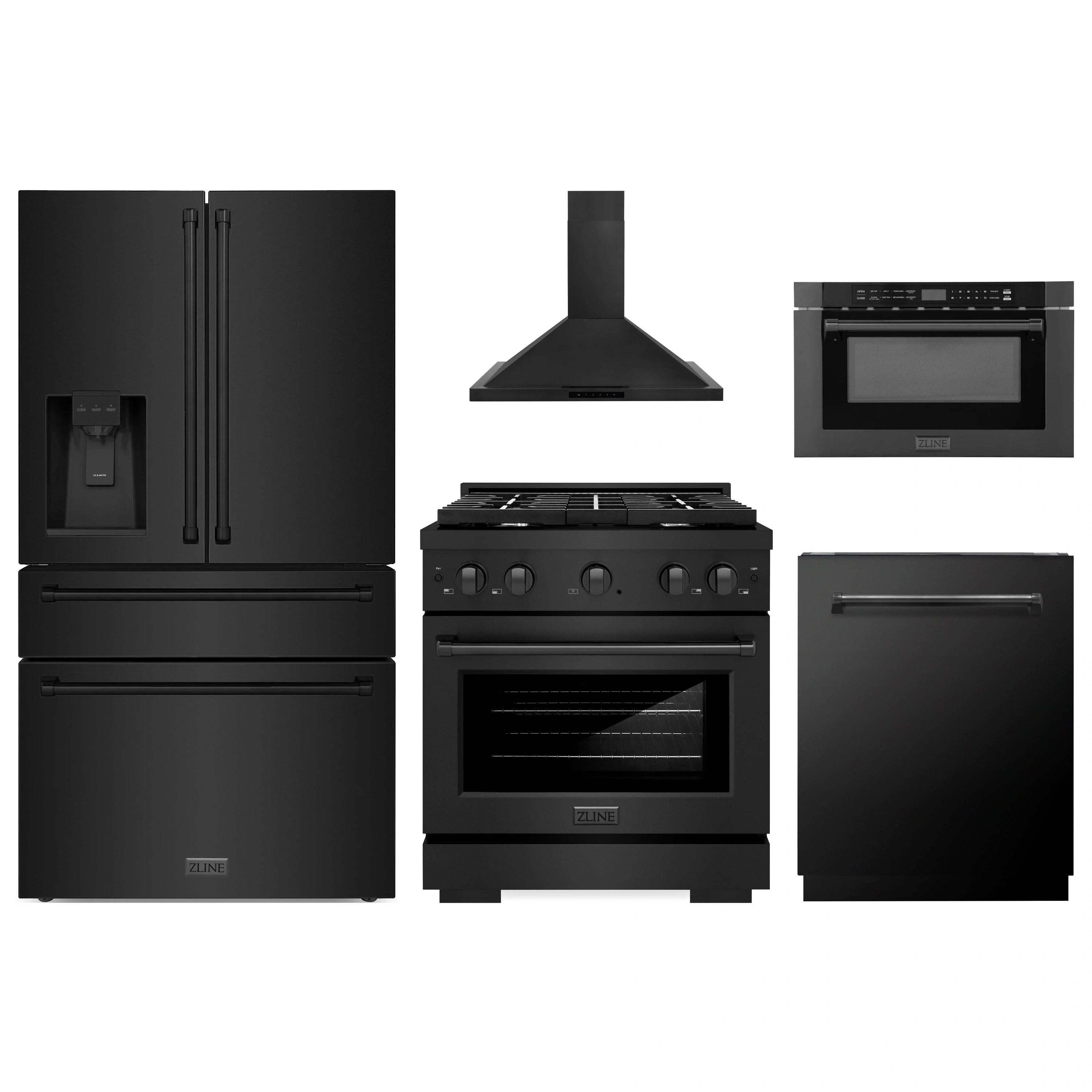 Black stainless steel 5-piece kitchen appliance set with fridge, range, hood, microwave
