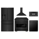 ZLINE 5-Piece Appliance Package - 36-Inch Paramount Gas Range, Wall Mount Range Hood, 36-Inch French Door Refrigerator with Water Dispenser, Dishwasher, and 30-Inch Microwave Drawer in Black Stainless Steel