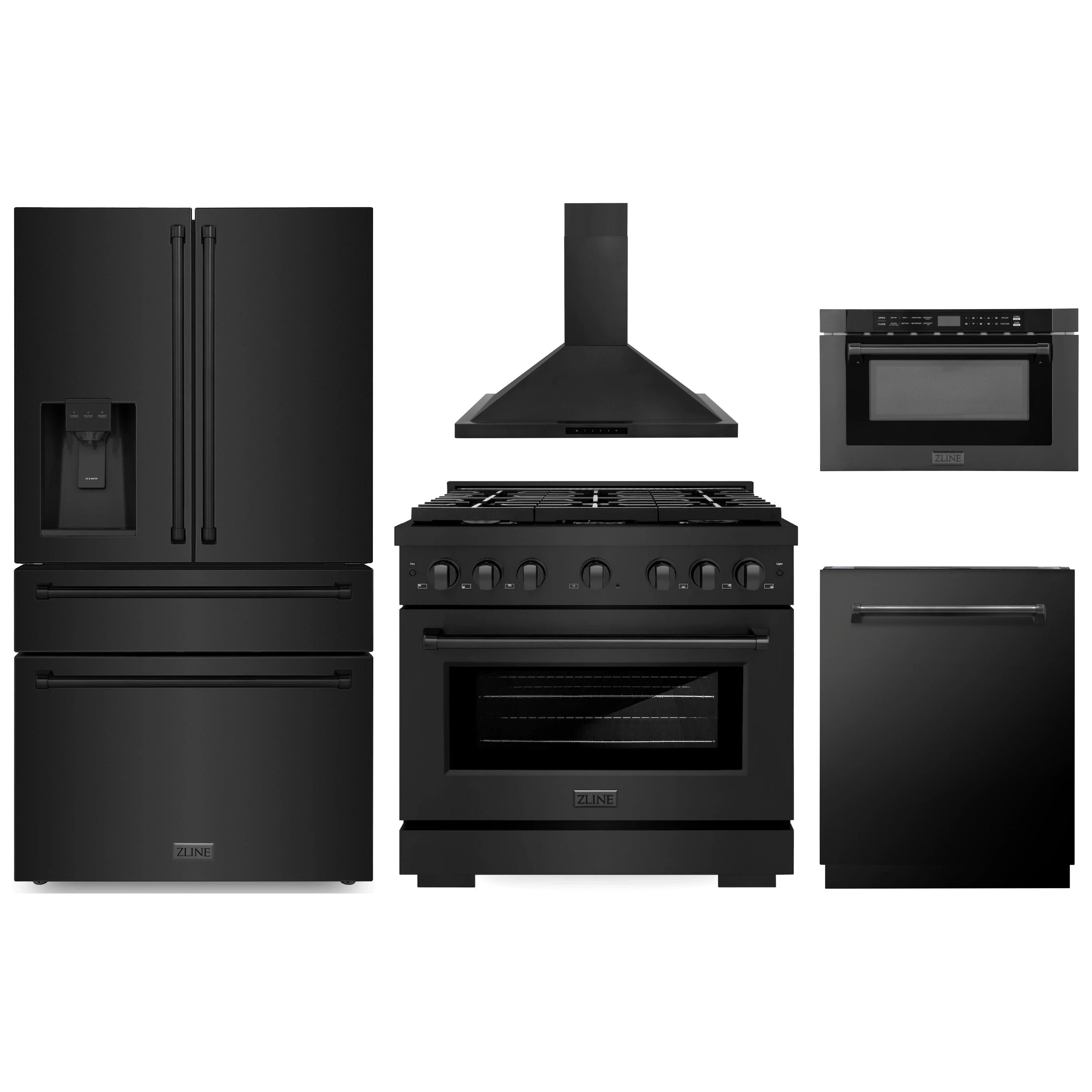 Black stainless kitchen appliance set with refrigerator, gas range, hood, dishwasher, microwave