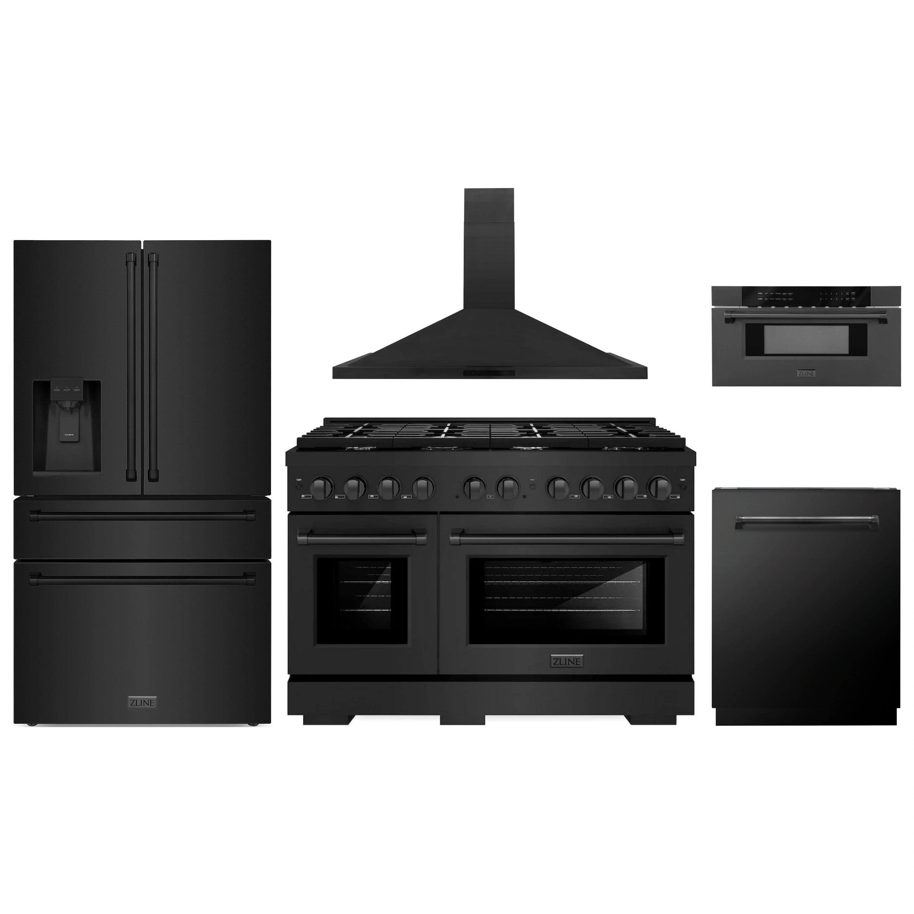 5-piece black stainless appliance package: gas range with hood, fridge, microwave, dishwasher
