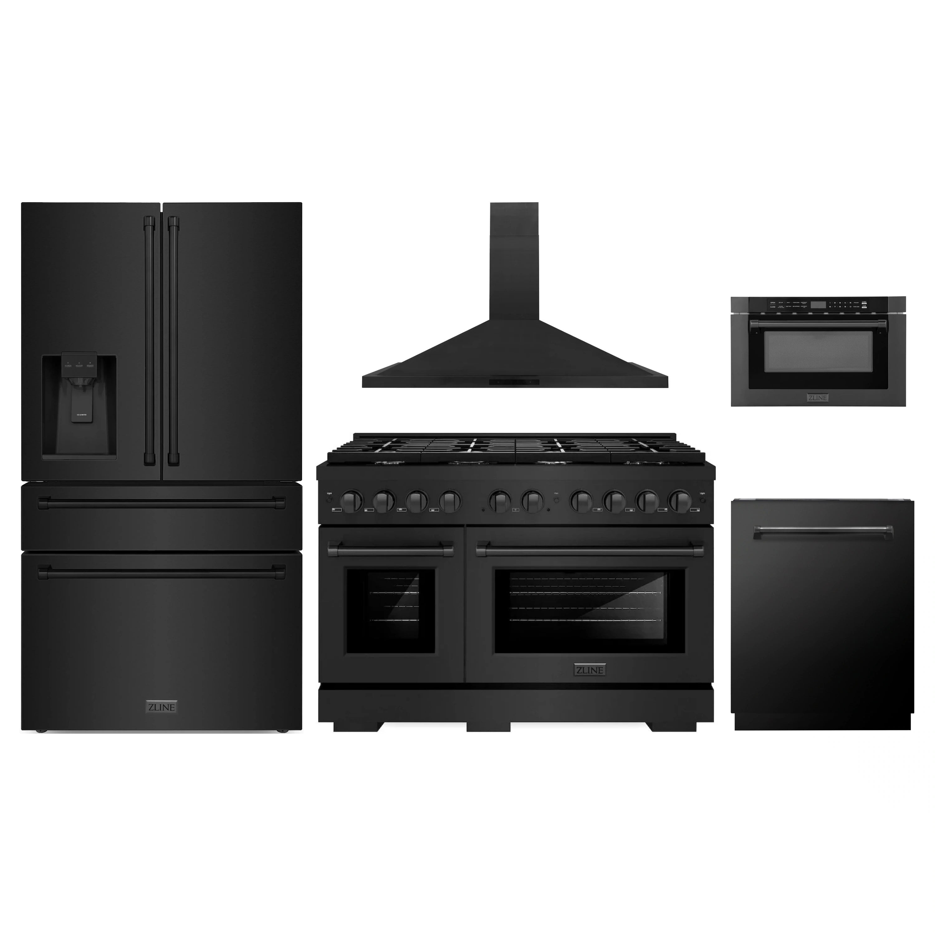 Black stainless steel appliance package: refrigerator, gas range with hood, and dishwasher
