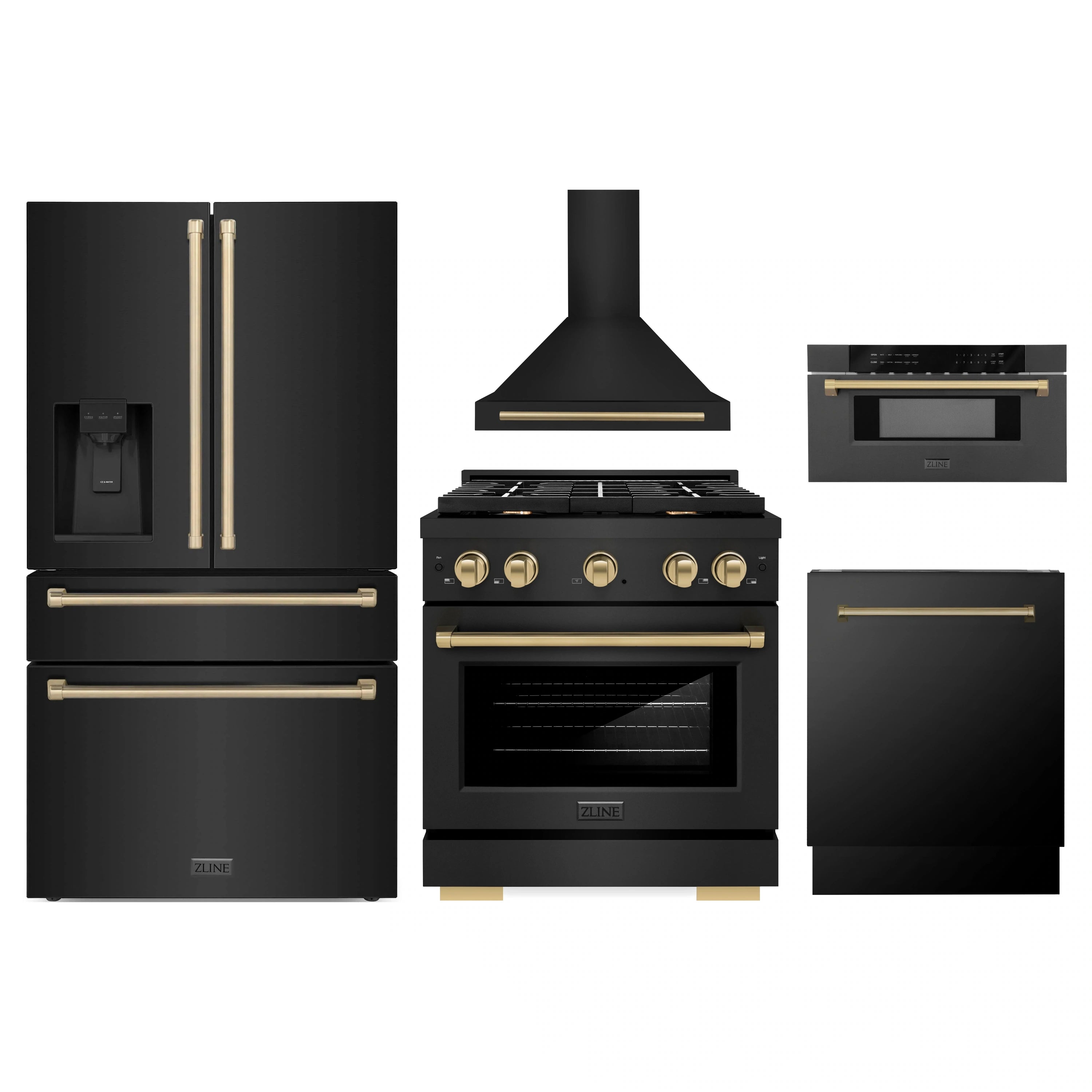 ZLINE kitchen appliance package set with black refrigerator, range, hood, dishwasher, microwave