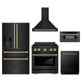 ZLINE 5-Piece Appliance Package - 30-Inch Paramount Gas Range, Wall Mount Range Hood, 36-Inch French Door Refrigerator with Water Dispenser, Dishwasher, and 30-Inch Microwave Drawer in Black Stainless Steel with Champagne Bronze Accents