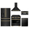 ZLINE 5-Piece Appliance Package - 30-Inch Paramount Gas Range, Wall Mount Range Hood, 36-Inch French Door Refrigerator with Water Dispenser, Dishwasher, and 30-Inch Microwave Drawer in Black Stainless Steel with Champagne Bronze Accents