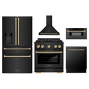 ZLINE 5-Piece Appliance Package - 30-Inch Paramount Gas Range, Wall Mount Range Hood, 36-Inch French Door Refrigerator with Water Dispenser, Dishwasher, and 30-Inch Microwave Drawer in Black Stainless Steel with Champagne Bronze Accents