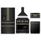 ZLINE 5-Piece Appliance Package - 30-Inch Paramount Gas Range, Wall Mount Range Hood, 36-Inch French Door Refrigerator with Water Dispenser, Dishwasher, and 30-Inch Microwave Drawer in Black Stainless Steel with Champagne Bronze Accents