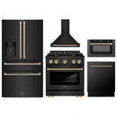 ZLINE 5-Piece Appliance Package - 30-Inch Paramount Gas Range, Wall Mount Range Hood, 36-Inch French Door Refrigerator with Water Dispenser, Dishwasher, and 30-Inch Microwave Drawer in Black Stainless Steel with Champagne Bronze Accents