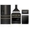 ZLINE 5-Piece Appliance Package - 30-Inch Paramount Gas Range, Wall Mount Range Hood, 36-Inch French Door Refrigerator with Water Dispenser, Dishwasher, and 30-Inch Microwave Drawer in Black Stainless Steel with Champagne Bronze Accents