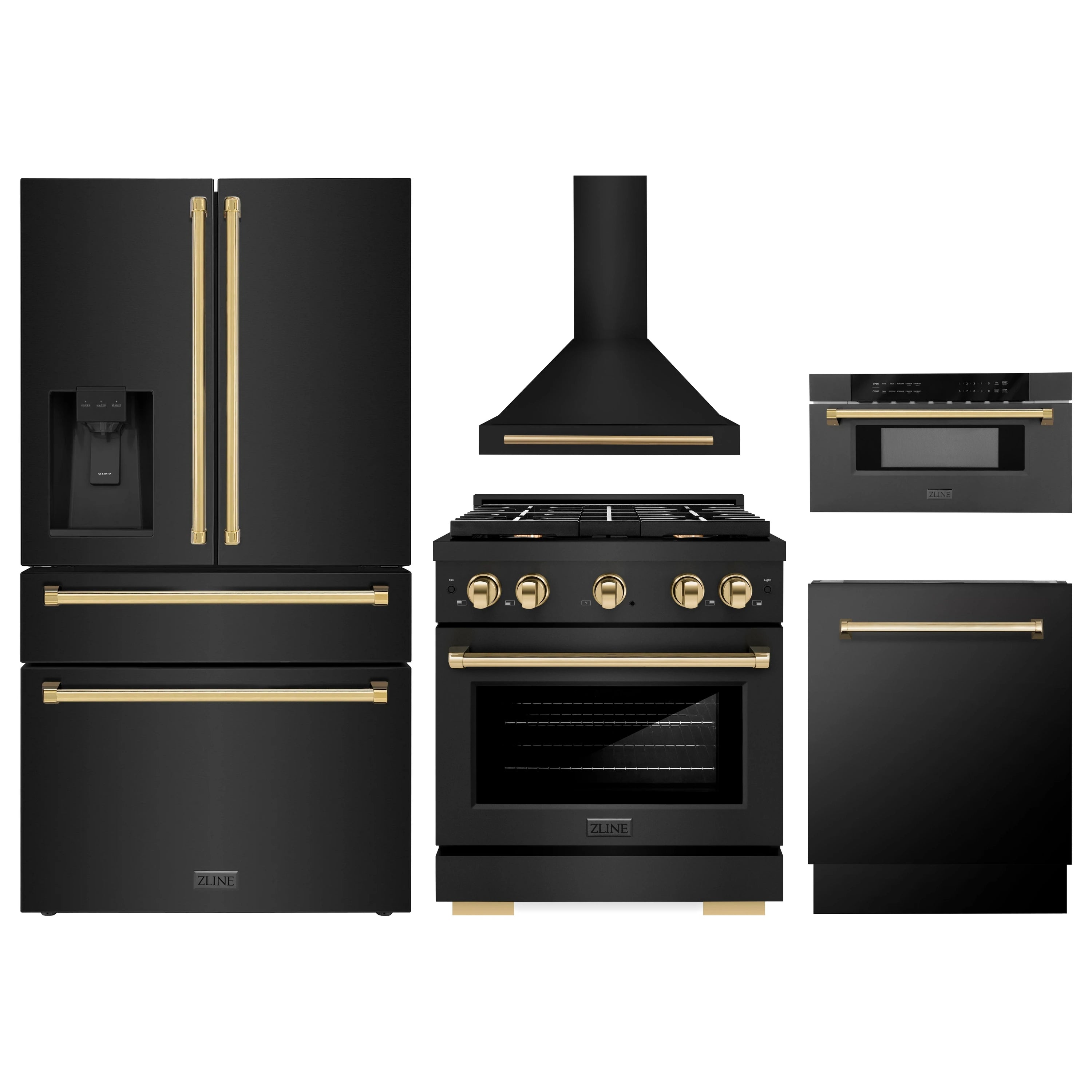 Black stainless steel 5-piece kitchen appliance set with gold accents: range, hood, fridge