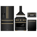 ZLINE 5-Piece Appliance Package - 30-Inch Paramount Gas Range, Wall Mount Range Hood, 36-Inch French Door Refrigerator with Water Dispenser, Dishwasher, and 30-Inch Microwave Drawer in Black Stainless Steel with Gold Accents