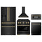 ZLINE 5-Piece Appliance Package - 30-Inch Paramount Gas Range, Wall Mount Range Hood, 36-Inch French Door Refrigerator with Water Dispenser, Dishwasher, and 30-Inch Microwave Drawer in Black Stainless Steel with Gold Accents