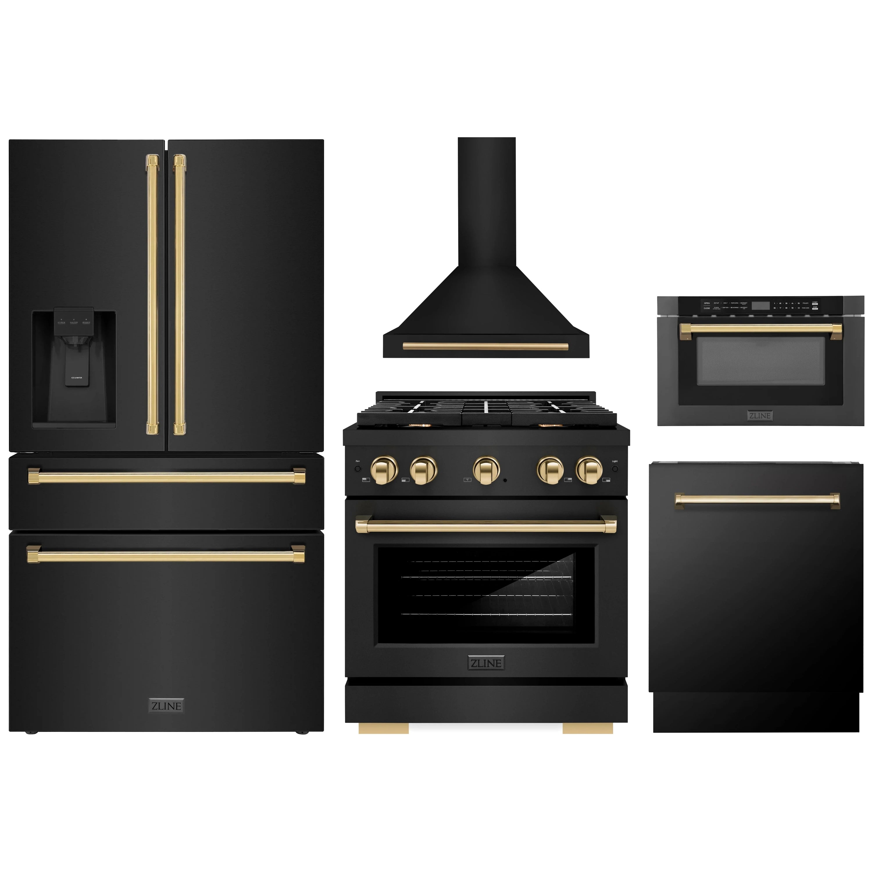 Black 5-piece appliance set with gold accents: range, hood, refrigerator, dishwasher, microwave