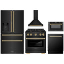 ZLINE 5-Piece Appliance Package - 30-Inch Paramount Gas Range, Wall Mount Range Hood, 36-Inch French Door Refrigerator with Water Dispenser, Dishwasher, and 30-Inch Microwave Drawer in Black Stainless Steel with Gold Accents