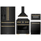 ZLINE 5-Piece Appliance Package - 30-Inch Paramount Gas Range, Wall Mount Range Hood, 36-Inch French Door Refrigerator with Water Dispenser, Dishwasher, and 30-Inch Microwave Drawer in Black Stainless Steel with Gold Accents