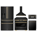 ZLINE 5-Piece Appliance Package - 36-Inch Paramount Gas Range, Wall Mount Range Hood, 36-Inch French Door Refrigerator with Water Dispenser, Dishwasher, and 30-Inch Microwave Drawer in Black Stainless Steel with Champagne Bronze Accents