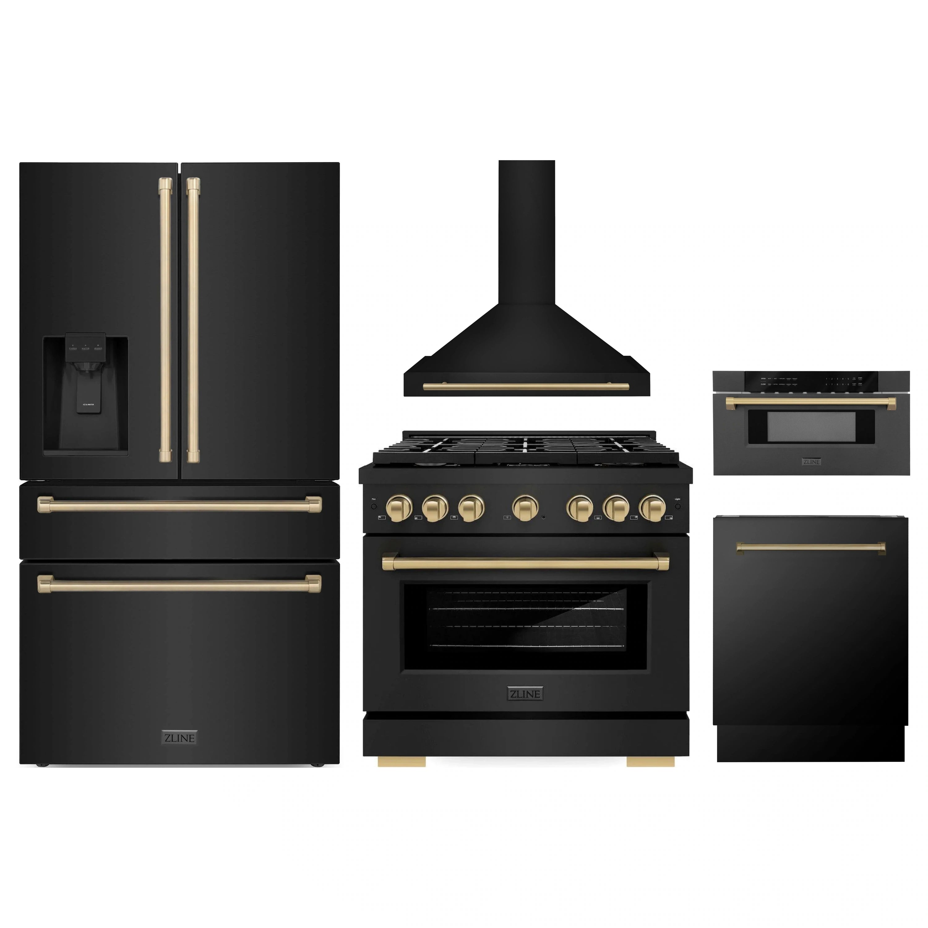 Black stainless 5-piece kitchen appliance set with bronze accents: range, hood, fridge, dishwasher, microwave