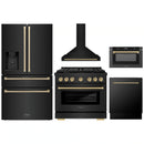 ZLINE 5-Piece Appliance Package - 36-Inch Paramount Gas Range, Wall Mount Range Hood, 36-Inch French Door Refrigerator with Water Dispenser, Dishwasher, and 30-Inch Microwave Drawer in Black Stainless Steel with Champagne Bronze Accents
