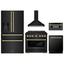 ZLINE 5-Piece Appliance Package - 36-Inch Paramount Gas Range, Wall Mount Range Hood, 36-Inch French Door Refrigerator with Water Dispenser, Dishwasher, and 30-Inch Microwave Drawer in Black Stainless Steel with Gold Accents