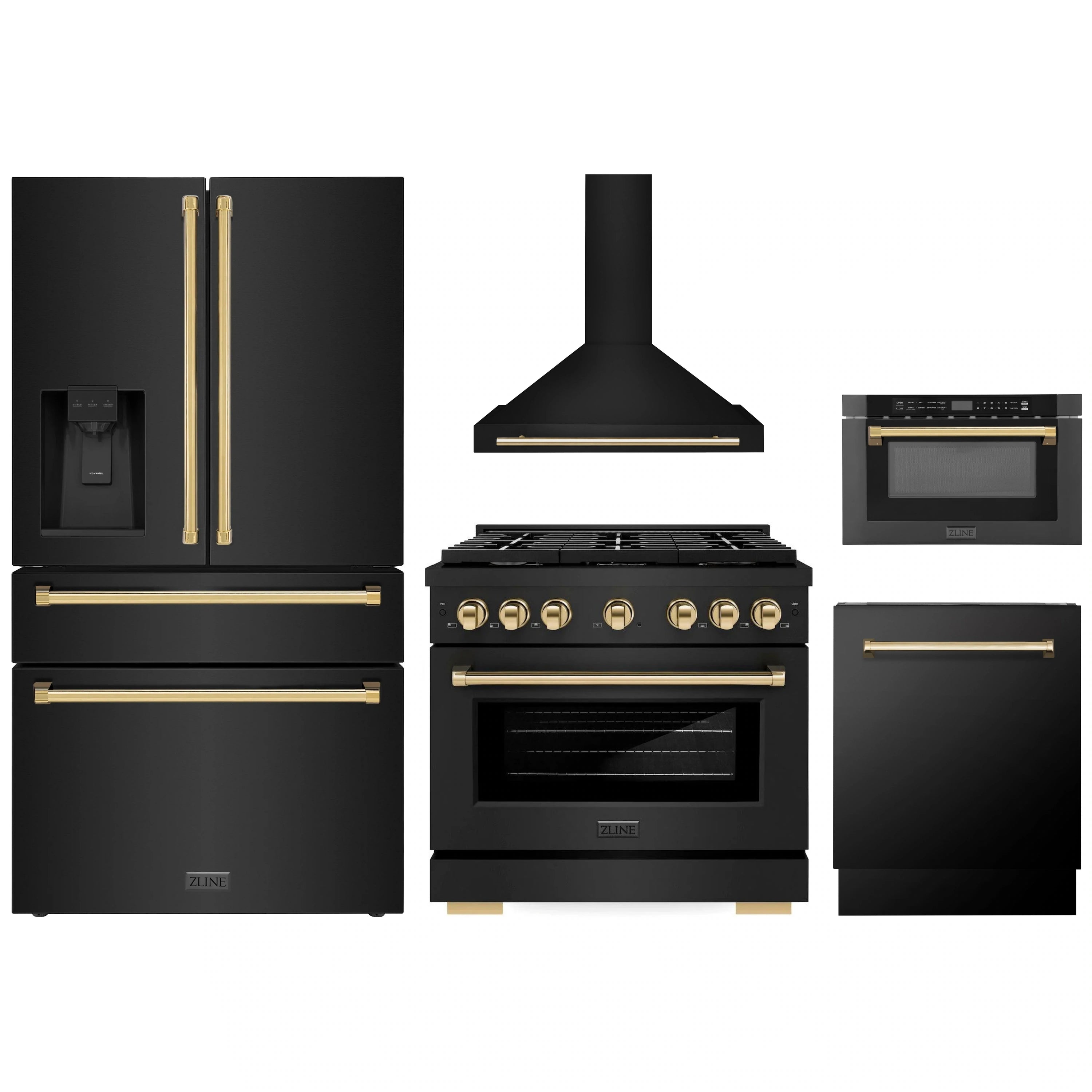 Black kitchen appliance set with gold accents: range, hood, refrigerator, microwave