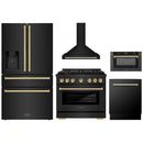 ZLINE 5-Piece Appliance Package - 36-Inch Paramount Gas Range, Wall Mount Range Hood, 36-Inch French Door Refrigerator with Water Dispenser, Dishwasher, and 30-Inch Microwave Drawer in Black Stainless Steel with Gold Accents