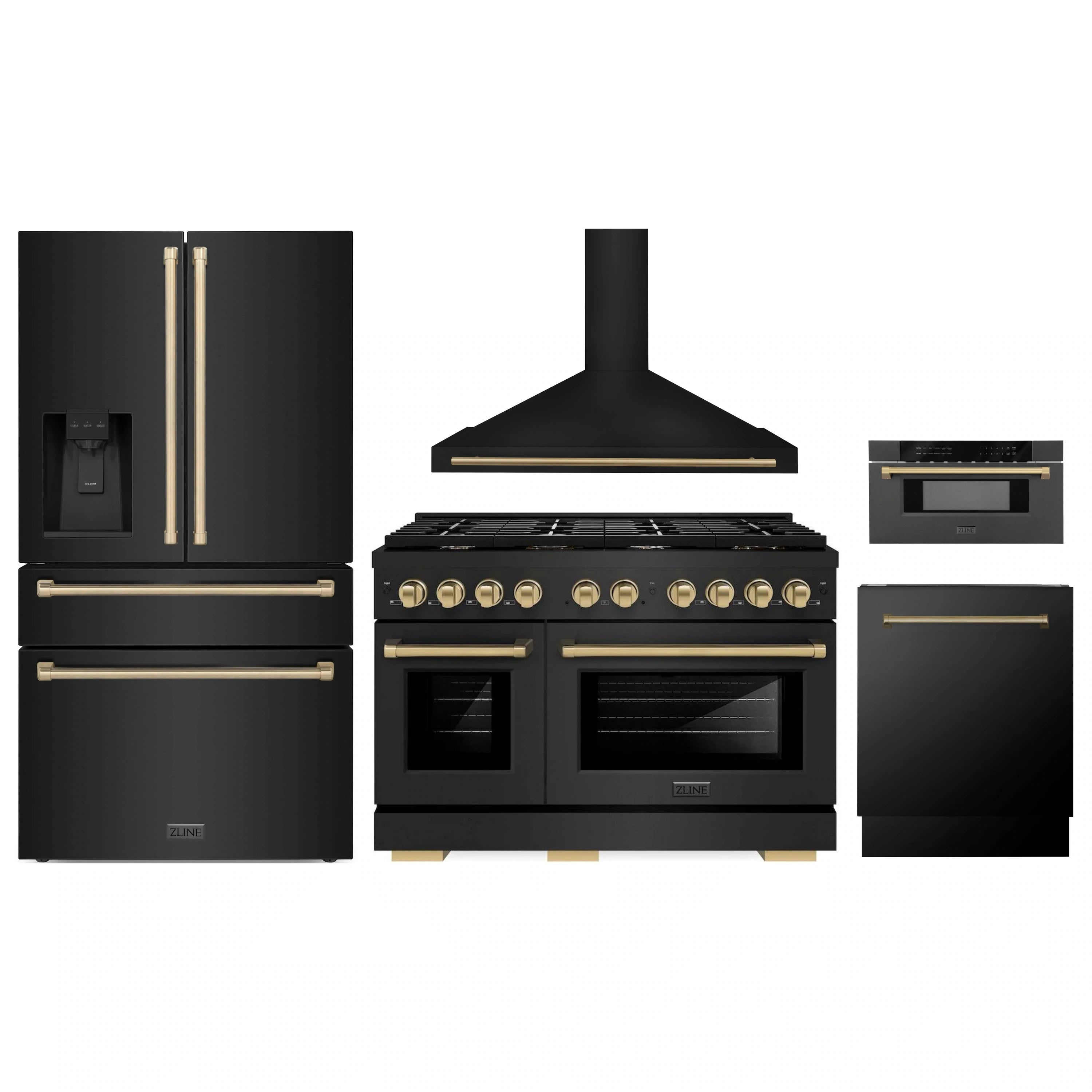 Black stainless kitchen appliance package with range, hood, refrigerator, dishwasher, and microwave