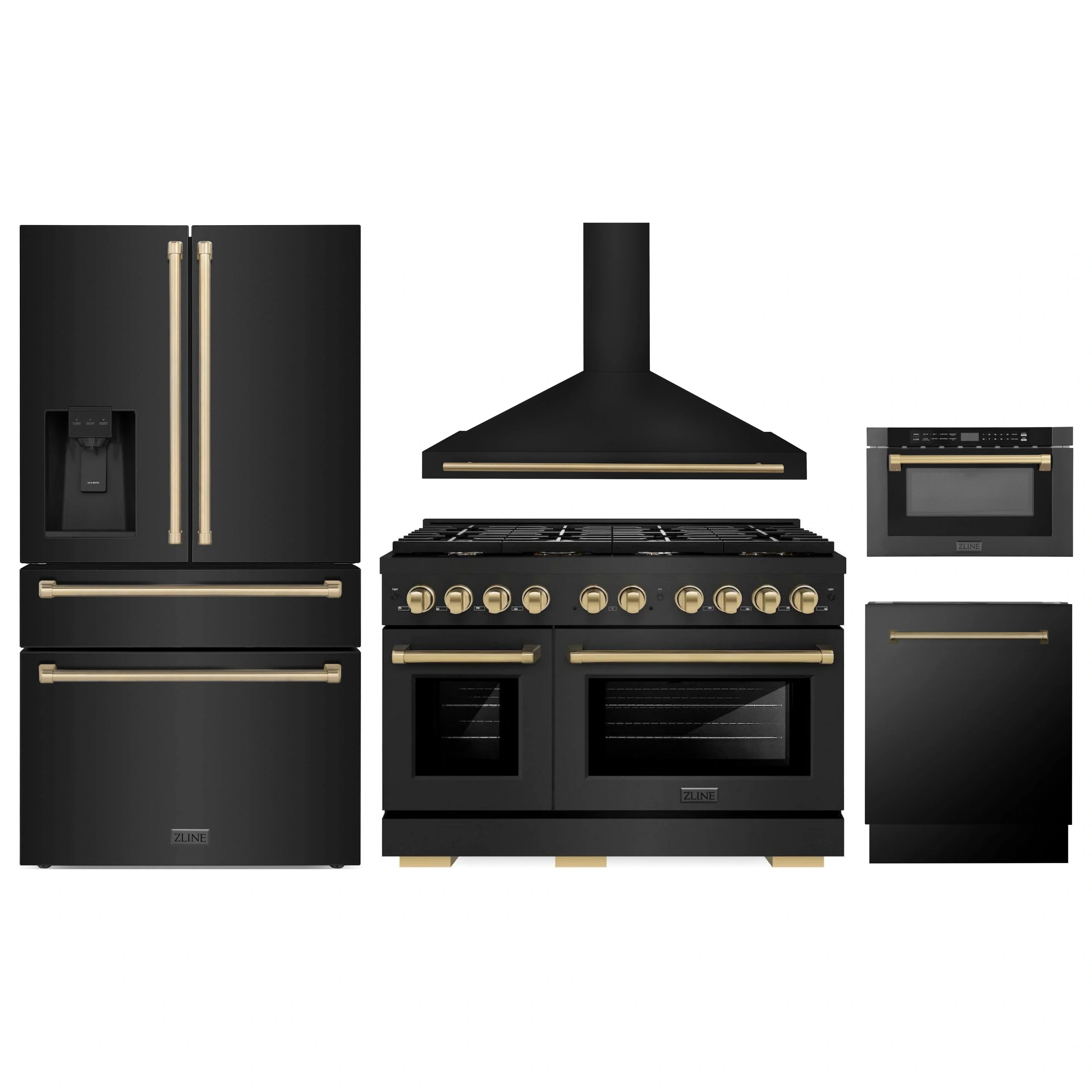 5-piece kitchen appliance package in black stainless steel with champagne bronze accents