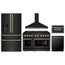 ZLINE 5-Piece Appliance Package - 48-Inch Paramount Gas Range, Wall Mount Range Hood, 36-Inch French Door Refrigerator with Water Dispenser, Dishwasher, and 30-Inch Microwave Drawer in Black Stainless Steel with Champagne Bronze Accents