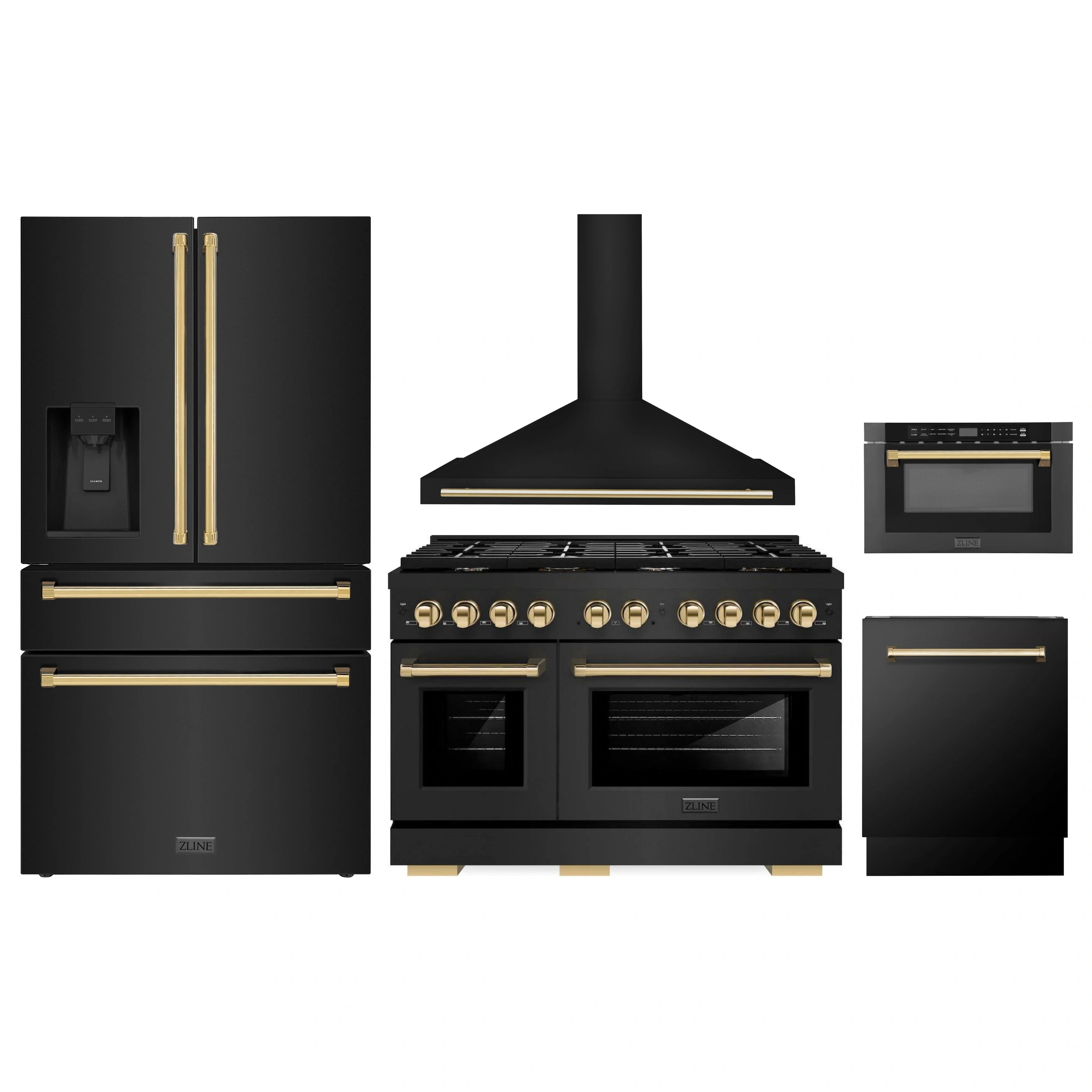 Five-piece black kitchen appliance set with gold accents: range, hood, fridge, microwave, dishwasher