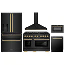 ZLINE 5-Piece Appliance Package - 48-Inch Paramount Gas Range, Wall Mount Range Hood, 36-Inch French Door Refrigerator with Water Dispenser, Dishwasher, and 30-Inch Microwave Drawer in Black Stainless Steel with Gold Accents