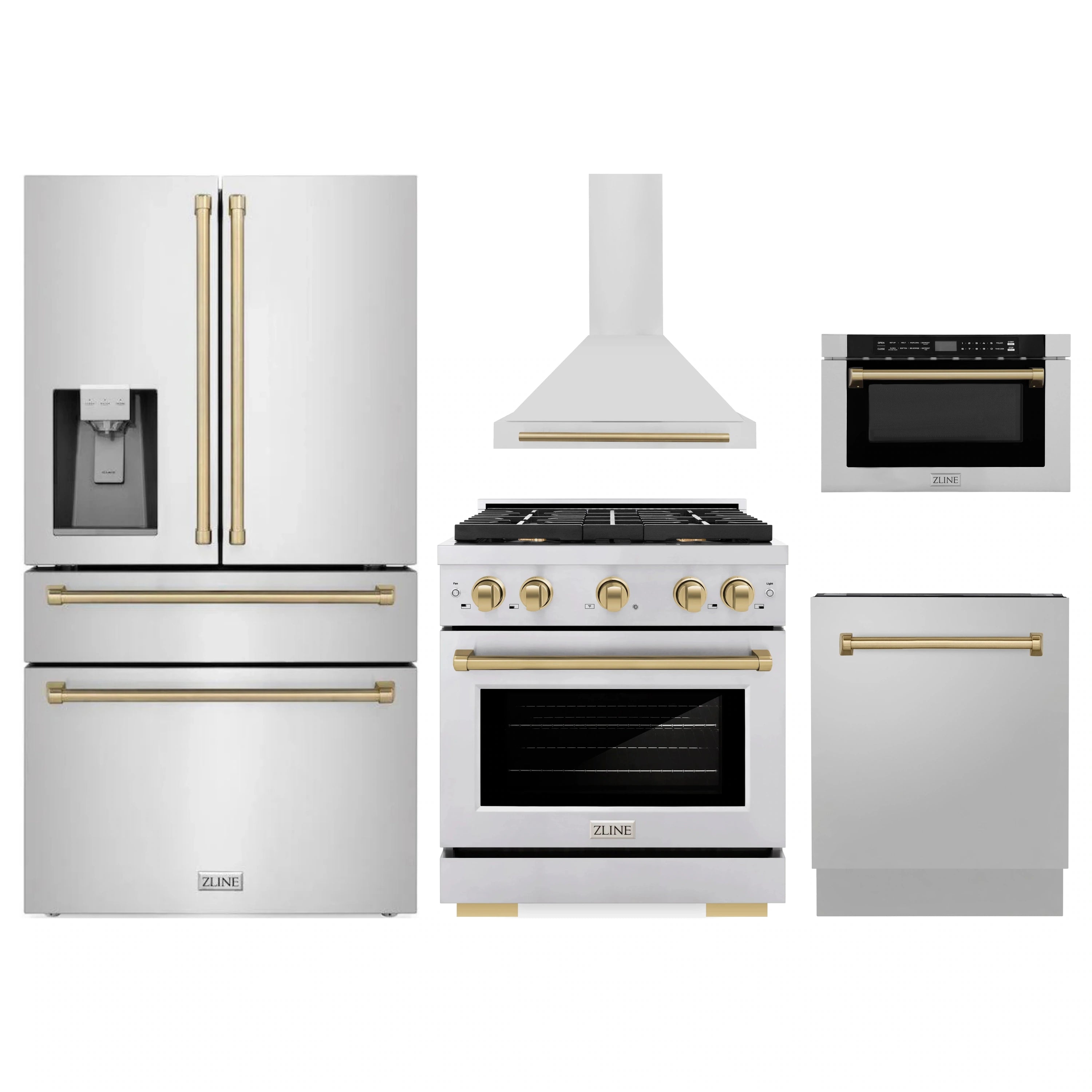 Stainless steel 5-piece appliance set with champagne bronze accents: range, hood, fridge