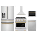 ZLINE 5-Piece Appliance Package - 30-Inch Paramount Autograph Gas Range, Wall Mount Range Hood, 36-Inch French Door Refrigerator with Water Dispenser, Dishwasher, and 30-Inch Microwave Drawer in Stainless Steel with Champagne Bronze Accents