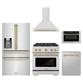 ZLINE 5-Piece Appliance Package - 30-Inch Paramount Autograph Gas Range, Wall Mount Range Hood, 36-Inch French Door Refrigerator with Water Dispenser, Dishwasher, and 24-Inch Microwave Drawer in Stainless Steel with Champagne Bronze Accents