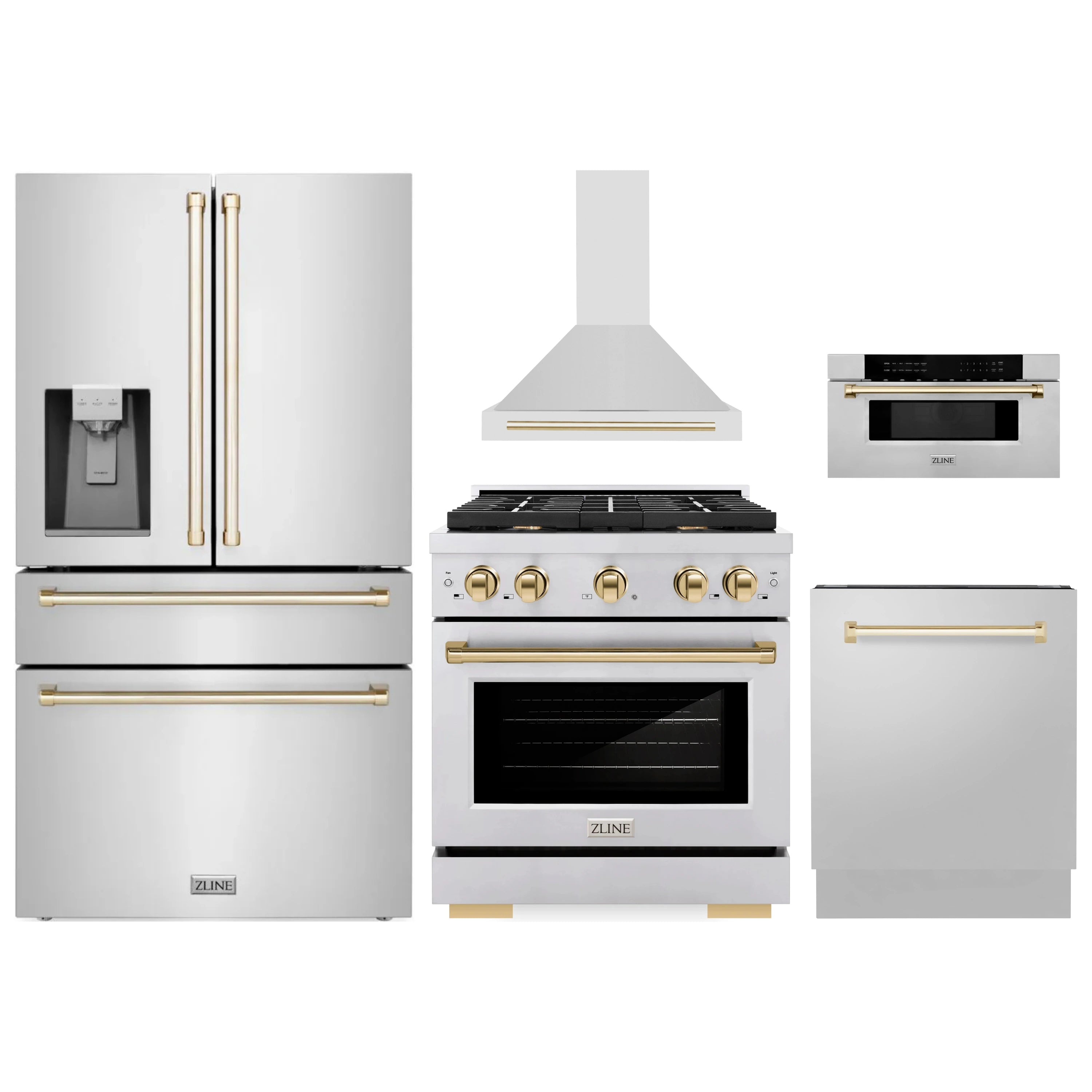 Stainless steel kitchen appliance set with gold accents: refrigerator, range, hood, dishwasher