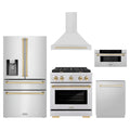 ZLINE 5-Piece Appliance Package - 30-Inch Paramount Autograph Gas Range, Wall Mount Range Hood, 36-Inch French Door Refrigerator with Water Dispenser, Dishwasher, and 30-Inch Microwave Drawer in Stainless Steel with Gold Accents