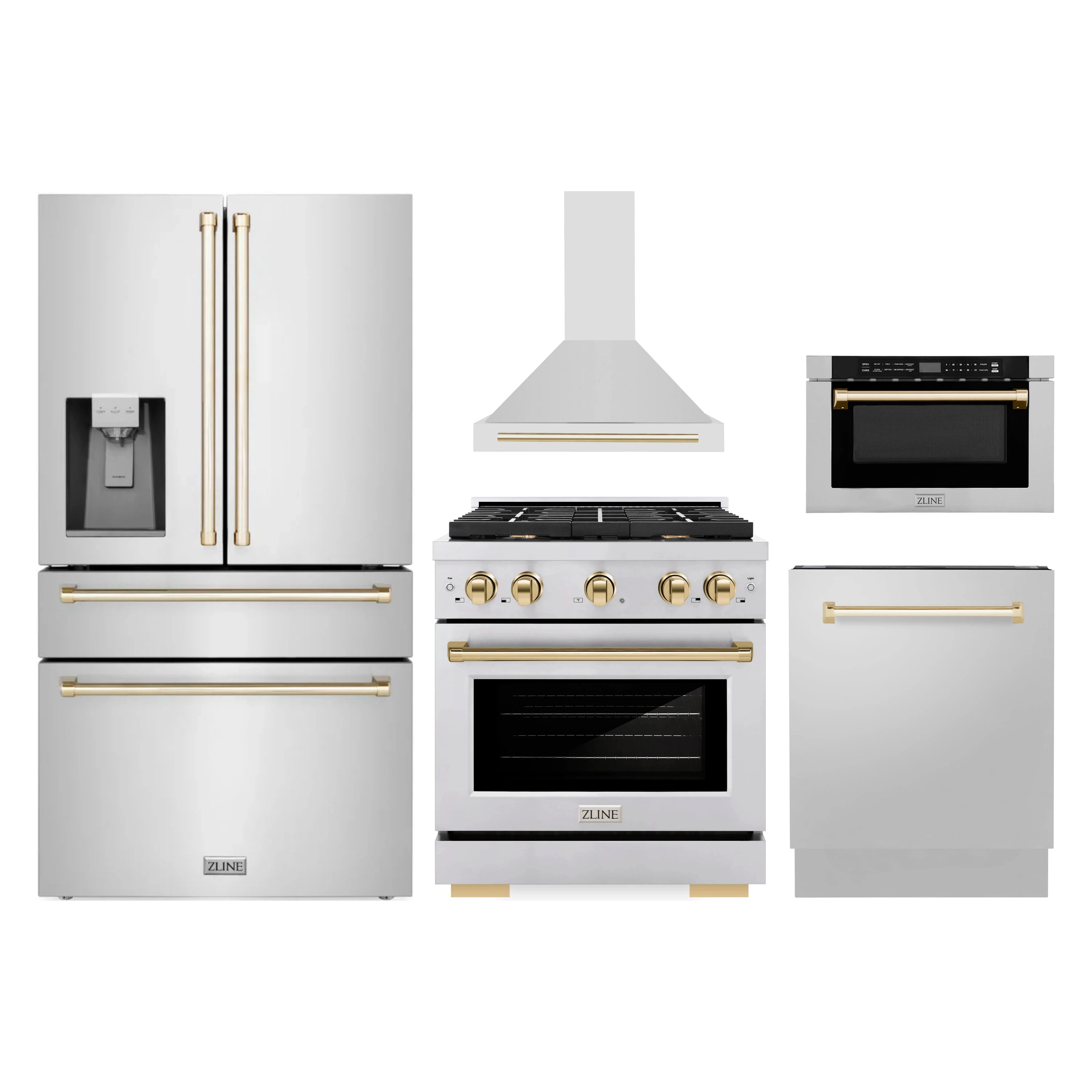 Stainless steel appliance package set with refrigerator, range, hood, microwave, dishwasher