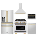 ZLINE 5-Piece Appliance Package - 30-Inch Paramount Autograph Gas Range, Wall Mount Range Hood, 36-Inch French Door Refrigerator with Water Dispenser, Dishwasher, and 24-Inch Microwave Drawer in Stainless Steel with Gold Accents