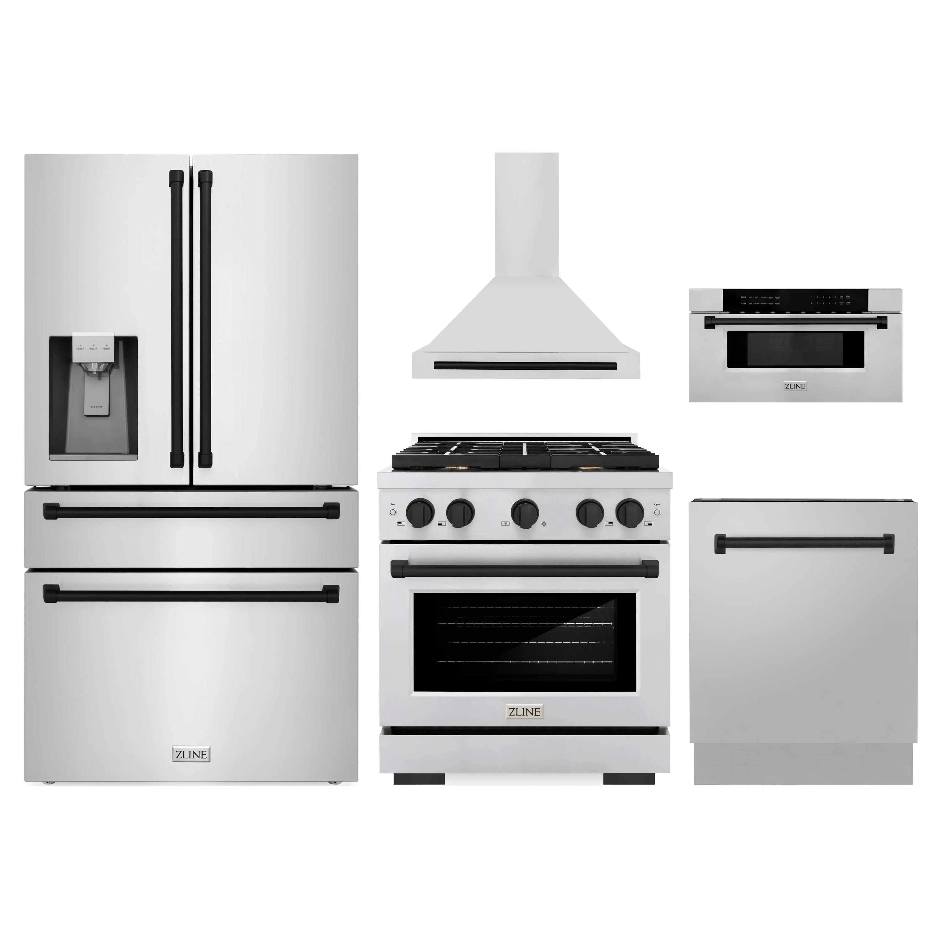 Stainless steel 5-piece appliance package set with matte black accents
