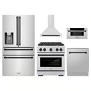 ZLINE 5-Piece Appliance Package - 30-Inch Paramount Autograph Gas Range, Wall Mount Range Hood, 36-Inch French Door Refrigerator with Water Dispenser, Dishwasher, and 30-Inch Microwave Drawer in Stainless Steel with Matte Black Accents