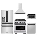 ZLINE 5-Piece Appliance Package - 30-Inch Paramount Autograph Gas Range, Wall Mount Range Hood, 36-Inch French Door Refrigerator with Water Dispenser, Dishwasher, and 30-Inch Microwave Drawer in Stainless Steel with Matte Black Accents