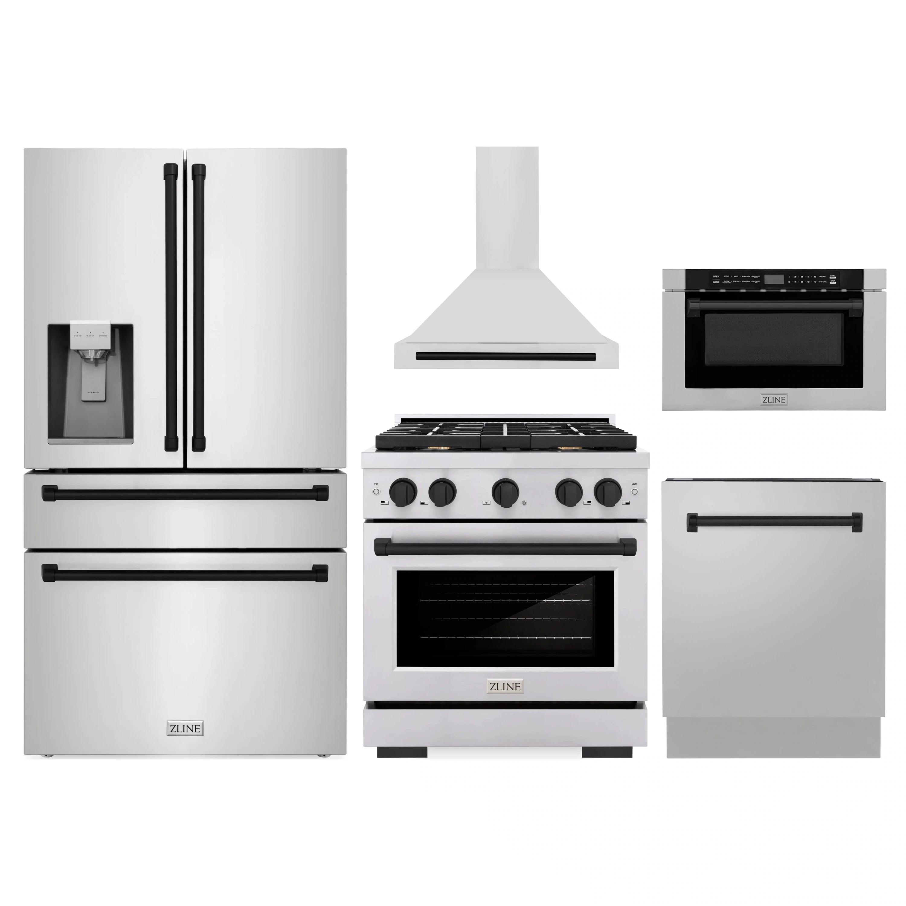 5-piece appliance package with refrigerator, gas range, hood, microwave drawer, dishwasher