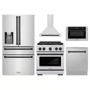 ZLINE 5-Piece Appliance Package - 30-Inch Paramount Autograph Gas Range, Wall Mount Range Hood, 36-Inch French Door Refrigerator with Water Dispenser, Dishwasher, and 30-Inch Microwave Drawer in Stainless Steel with Matte Black Accents