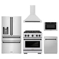 ZLINE 5-Piece Appliance Package - 30-Inch Paramount Autograph Gas Range, Wall Mount Range Hood, 36-Inch French Door Refrigerator with Water Dispenser, Dishwasher, and 24-Inch Microwave Drawer in Stainless Steel with Matte Black Accents