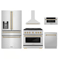ZLINE 5-Piece Appliance Package - 36-Inch Paramount Autograph Gas Range, Wall Mount Range Hood, 36-Inch French Door Refrigerator with Water Dispenser, Dishwasher, and 30-Inch Microwave Drawer in Stainless Steel with Champagne Bronze Accents