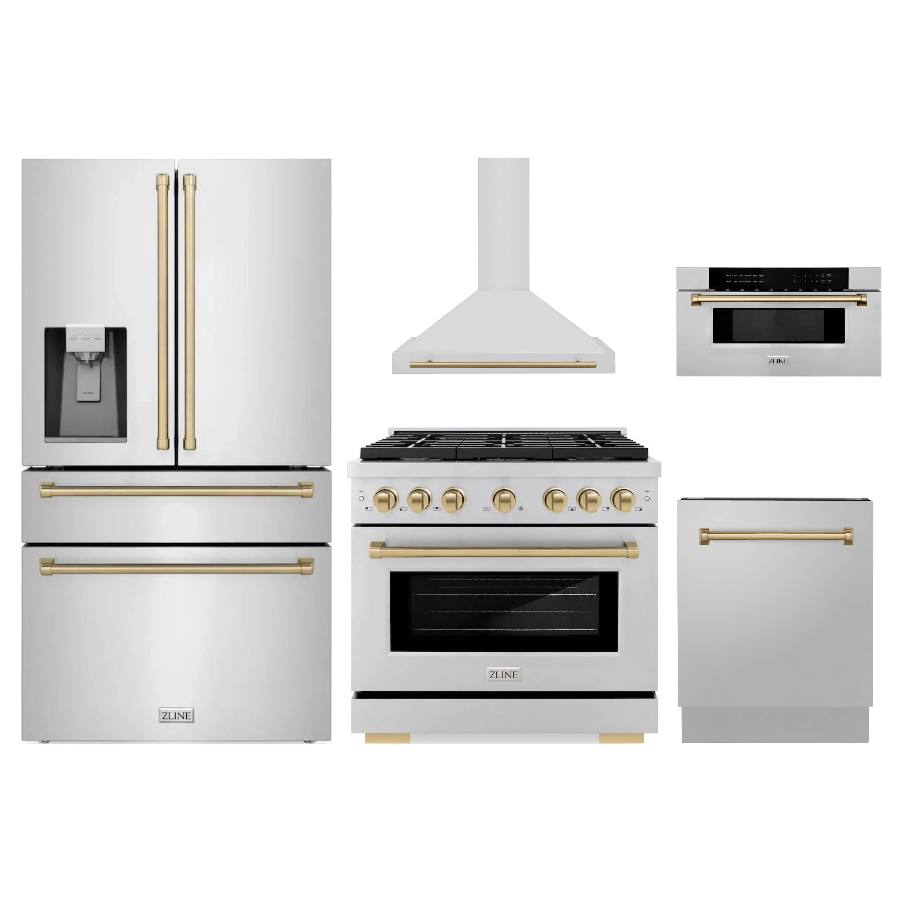 5-piece stainless steel appliance package with champagne bronze accents, including range and fridge