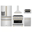 ZLINE 5-Piece Appliance Package - 36-Inch Paramount Autograph Gas Range, Wall Mount Range Hood, 36-Inch French Door Refrigerator with Water Dispenser, Dishwasher, and 30-Inch Microwave Drawer in Stainless Steel with Champagne Bronze Accents