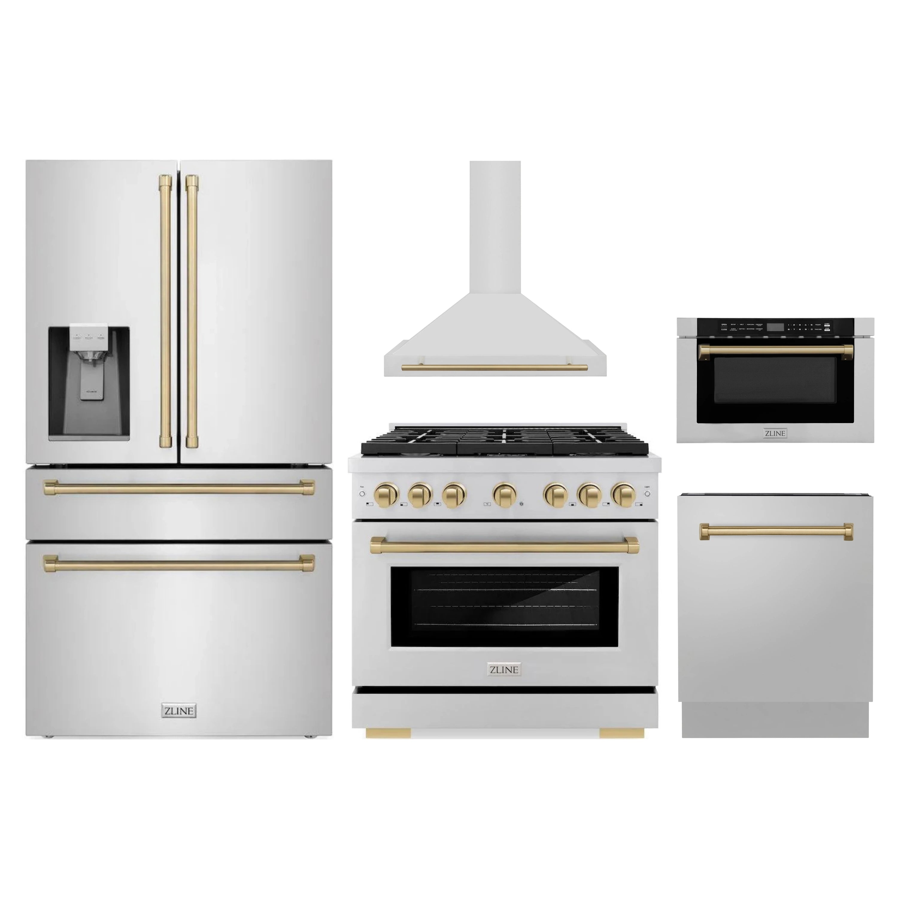 White appliance package with gold-accented gas range, refrigerator, hood, dishwasher, and microwave.