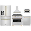 ZLINE 5-Piece Appliance Package - 36-Inch Paramount Autograph Gas Range, Wall Mount Range Hood, 36-Inch French Door Refrigerator with Water Dispenser, Dishwasher, and 30-Inch Microwave Drawer in Stainless Steel with Gold Accents