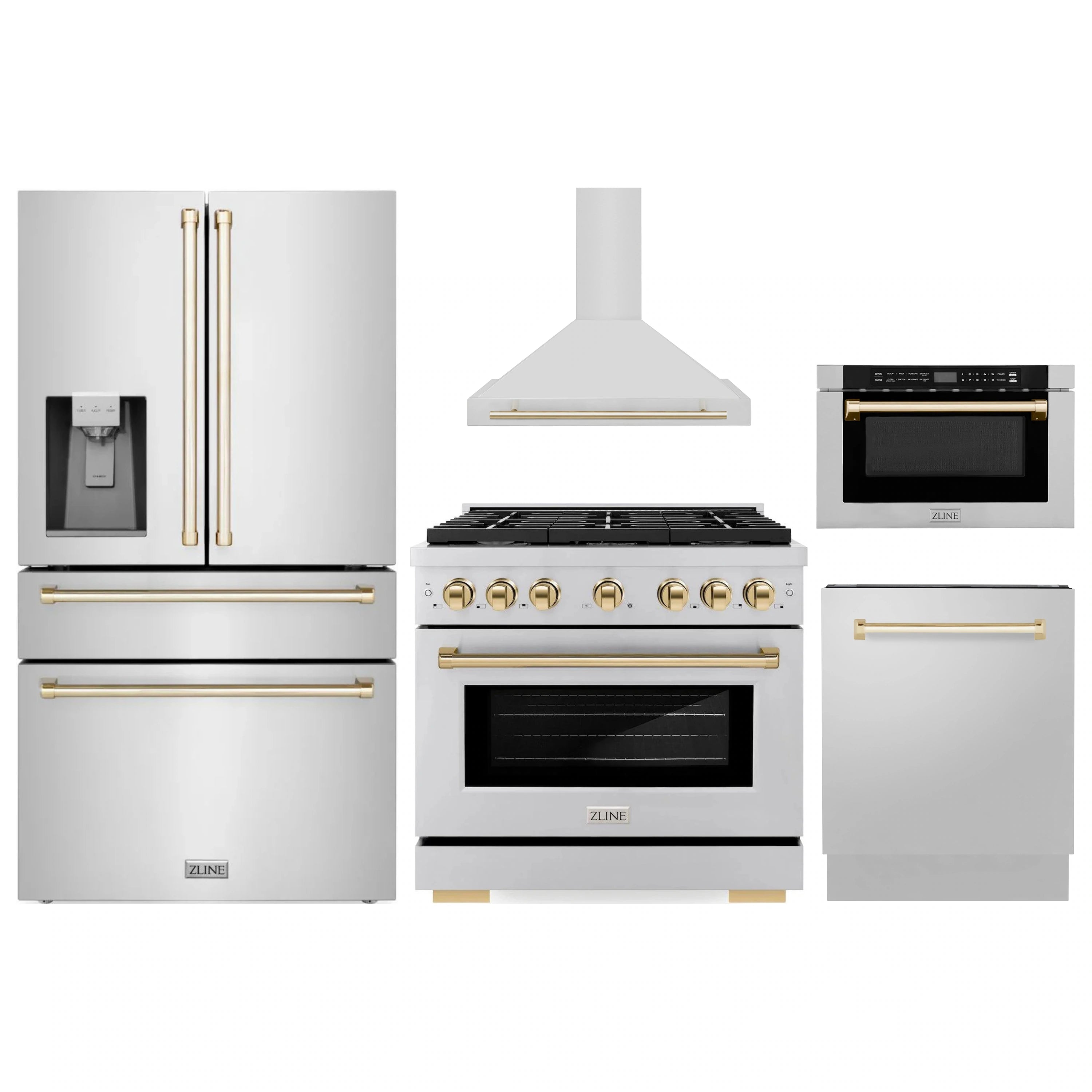 Stainless steel ZLINE 5-piece appliance set with gold accents, incl. range, oven, fridge, hood