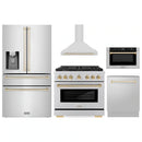 ZLINE 5-Piece Appliance Package - 36-Inch Paramount Autograph Gas Range, Wall Mount Range Hood, 36-Inch French Door Refrigerator with Water Dispenser, Dishwasher, and 30-Inch Microwave Drawer in Stainless Steel with Gold Accents