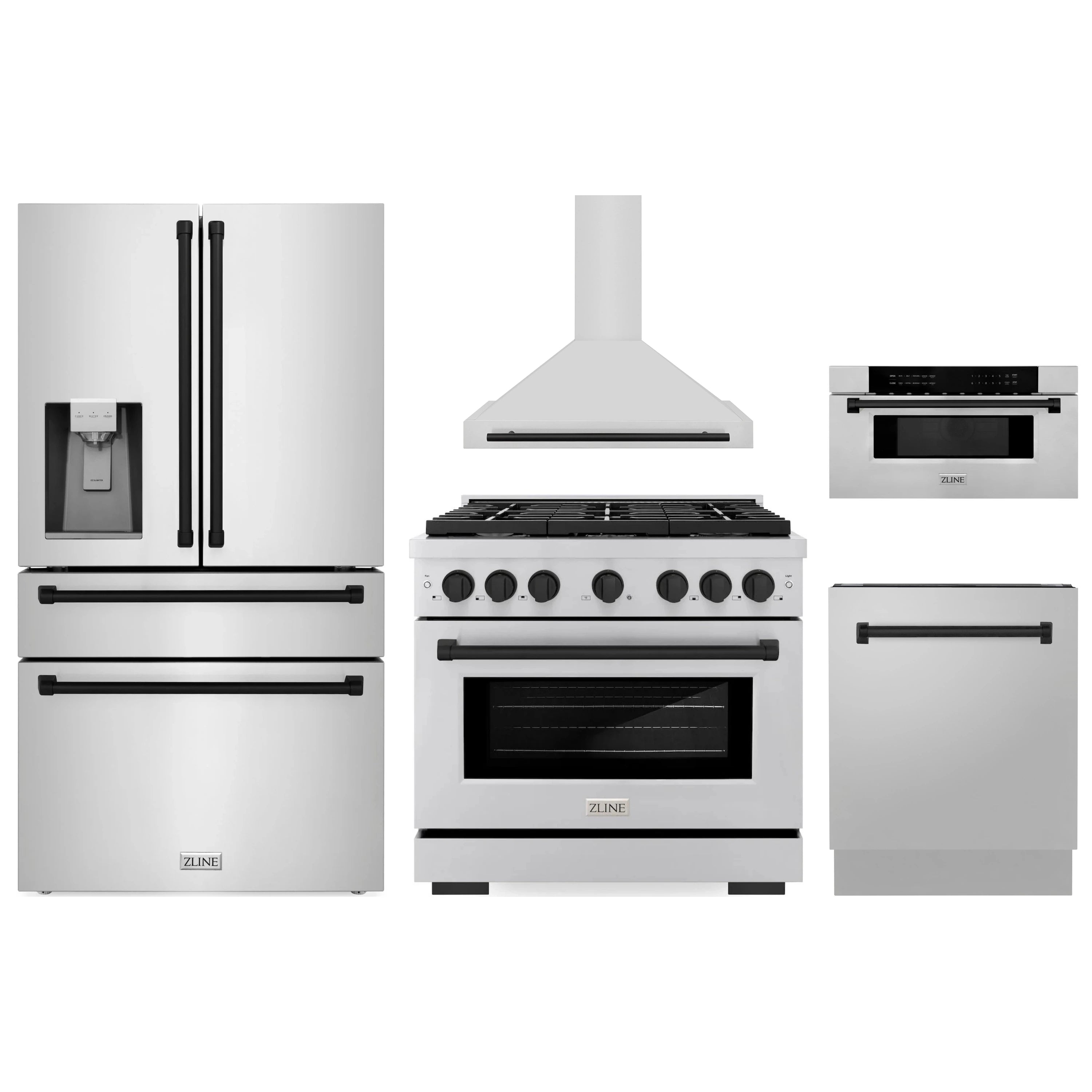 Stainless steel kitchen appliance set with refrigerator, range, hood, microwave, and dishwasher